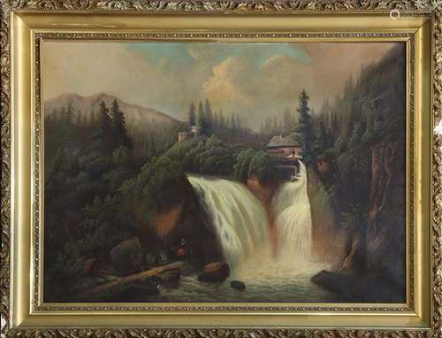 Painting, Landscape with Waterfall and Houses