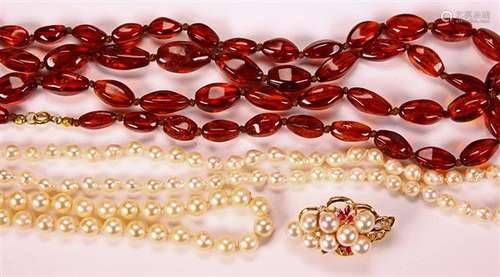 (Lot of 4) Cultured pearl, composite, ruby, diamond, 14k yellow gold and metal jewelry