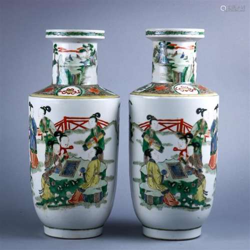 Pair of Chinese Famille Verte Vases, Beauties