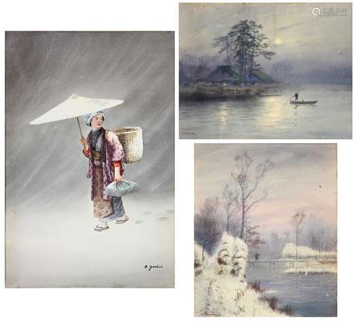 Japanese Paintings, Watercolor, E. Terada, S. Yoshio