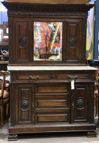 Italian mirrored back sideboard, having a molded top with dentil accents, above a beveled looking glass continuing to the rectangula...