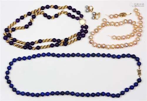 (Lot of 4) Amethyst, lapis lazuli, cultured pearl and yellow gold jewelry