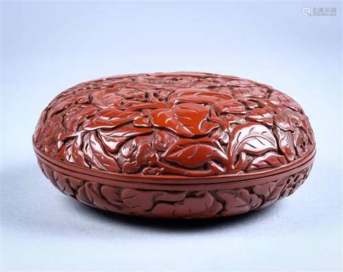 Chinese Cinnabar Lacquer Circular Box, Camellia