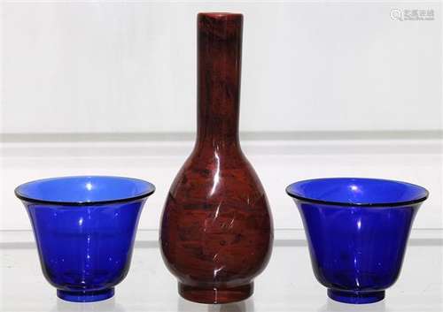 Chinese Peking Glass Cups and Realgar Patterned Vase