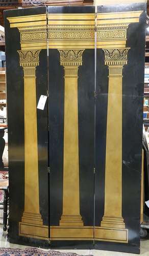 Neo-Classical style stenciled 3-panel screen, 7'h