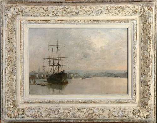 Painting, Harbor Scene with Ships and Grey Clouds