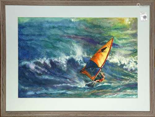 (lot of 2) American School (20th century), Windsurfer, oil on canvas (unstretched), unsigned and Industrial Scene, watercolor, signe...