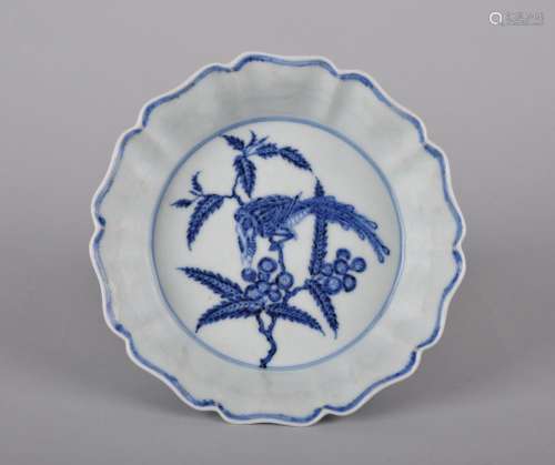 A BLUE AND WHITE 'BIRDS AND FLOWER' BRUSH WASHER, QING DYNASTY