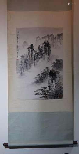 A LANDSCAPE HAND PAINTING SCROLL; YA MING (1924-2002)