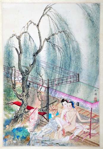 AN INK HAND PAINTING SCROLL; HU, YEFO (1908-1980)