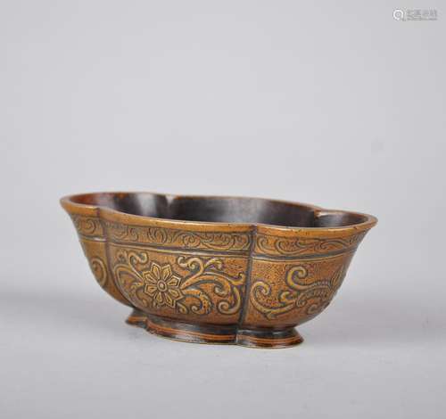 A BRONZE FOLIATE BRUSH WASHER, QIANLONG MARK, QING DYNASTY