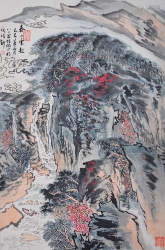 AN INK HAND PAINTING SCROLL; LU, YANSHAO (1909-1993)