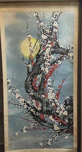 Chinese Scroll Painting, Flowers under Moon