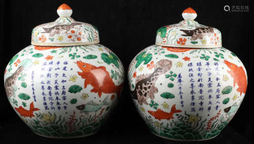 Pair Of Chinese Wu Cai Porcelain Cover Jar