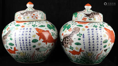 Pair Of Chinese Wu Cai Porcelain Cover Jar