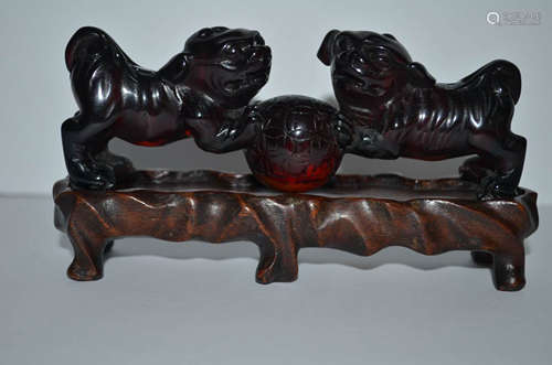 Chinese Carved Amber Statue Of Foo Dog.