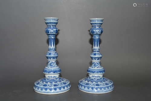 Pair of Chinese Blue and White Porcelain Candle