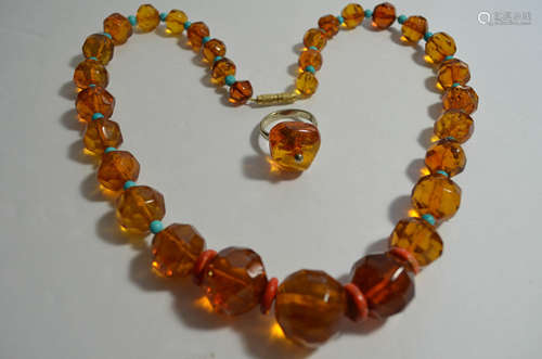 Chinese Old Amber Turquoise Necklace And Ring