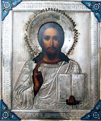 Russian 84 Silver Enamel icon of Christ.