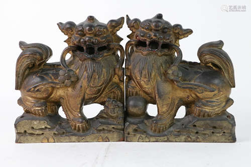 Pair QIng Wood Lions with Gilt