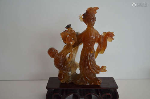 Chinese Carved Agate Statue Of Lady & Boy