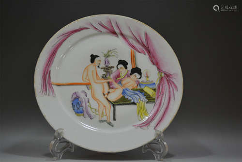 19th C. Rare Chinese Erotic Famille Rose Plate