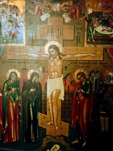 Russian icon of the Crucifixion with Saints.
