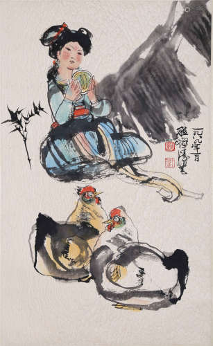 CHINESE SCROLL PAINTING OF GIRL AND CHICKEN