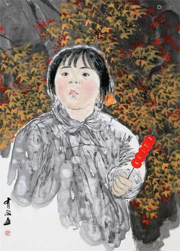 CHINESE SCROLL PAINTING OF GIRL UNDER TREE