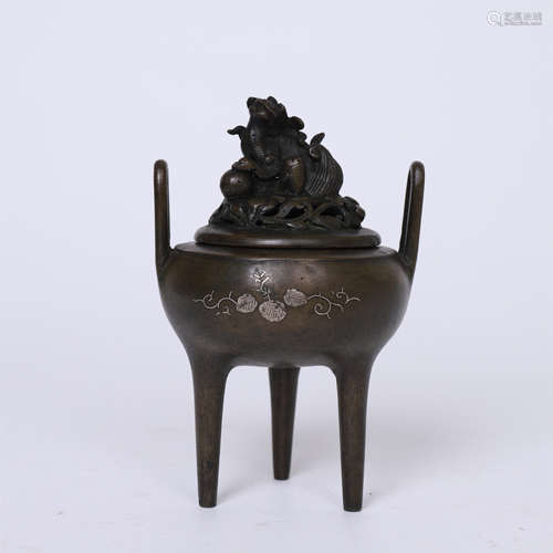 CHINESE GOLD SILVER INLAID BRONZE TRIPLE FEET LIDDED CENSER