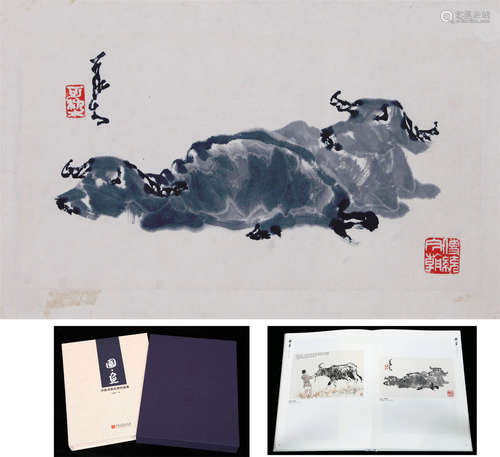 CHINESE SCROLL PAINTING OF OXES WITH PUBLICATION