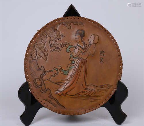 CHINESE ROUND PAINTING OF BEAUTY ON OX SKIN