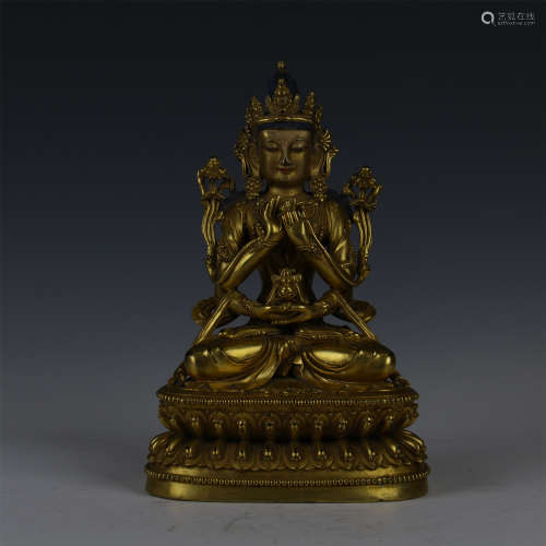 CHINESE GILT BRONZE SEATED FOUR ARM GUANYIN