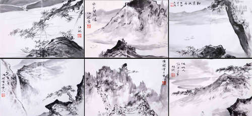 SIX PAGES OF CHINESE ALBUM PAINTING OF MOUNTAIN VIEWS