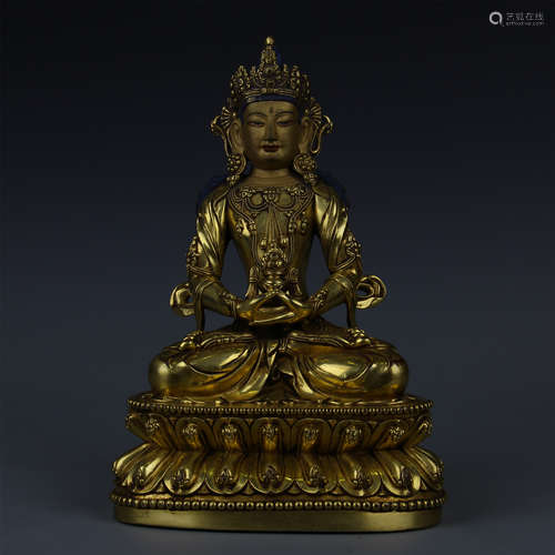 TIBETAN GILT BRONZE SEATED BHAISAJYA BUDDHA