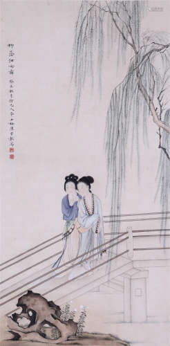 CHINESE SCROLL PAINTING OF BEAUTIES IN GARDEN
