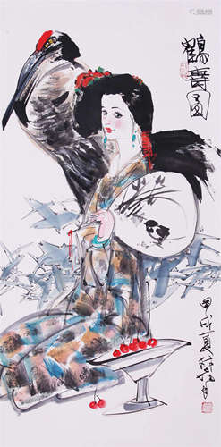 CHINESE SCROLL PAINTING OF GIRL AND CRANE