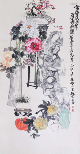CHINESE SCROLL PAINTING OF FLOWER IN VASE AND ROCK