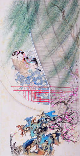 CHINESE SCROLL PAINTING OF GIRLS IN GARDEN
