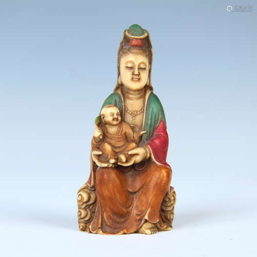 CHINESE COLOR SOAPSTONE SEATED GUANYIN WITH BOY