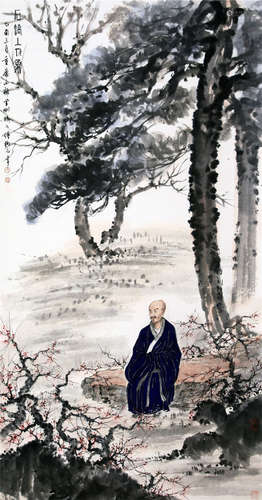 CHINESE SCROLL PAINTING OF MONK UNDER PINE