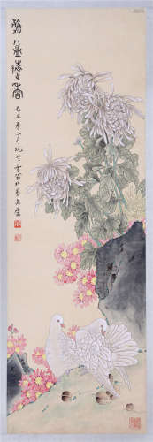 CHINESE SCROLL PAINTING OF PIGEON AND FLOWER