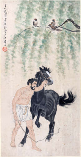 CHINESE SCROLL PAINTING OF  MAN WITH HORSE