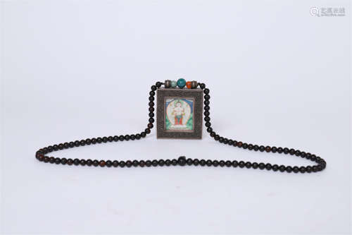 CHINESE WOOD BEAD SILVER GUANYIN NECKLACE