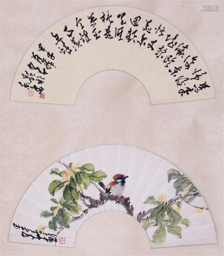 CHINESE FAN PAINTING OF BIRD AND FLOWER WITH CALLIGRAPHY