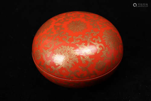 Chinese gilt red glazed porcelain ink box, Jiaqing mark.