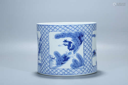 Chinese blue and white porcelain brush pot, Kangxi mark.