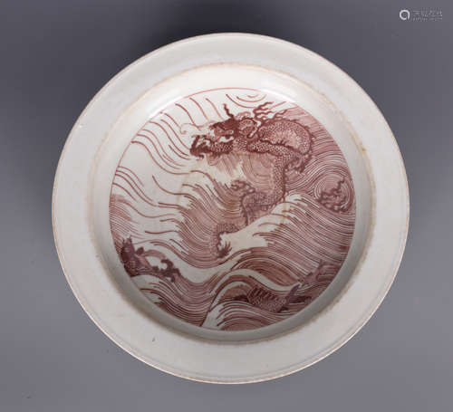 Chinese underglaze red porcelain brush washer, Kangxi mark.