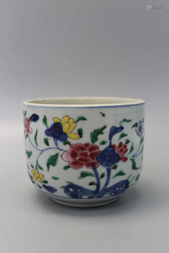 Antique Chinese famille rose on blue and white porcelain bowl. Yongzheng period.