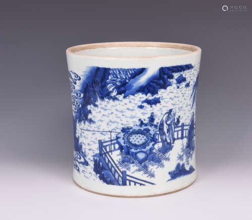 Chinese Ming style blue and white porcelain brush pot.